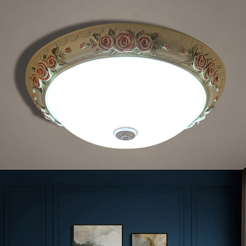 Floral Accent Led Vintage Flush-Mount Ceiling Light Fixture - White Glass 12’/16’/19.5’ Wide