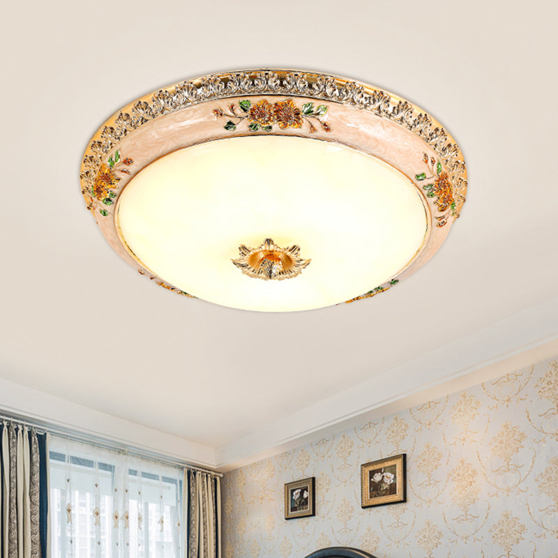 Gold Domed Ceiling Flush Led Bedroom Light With Carved Flower - Traditional Opaque Glass 3 Width