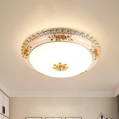 Gold Domed Ceiling Flush Led Bedroom Light With Carved Flower - Traditional Opaque Glass 3 Width