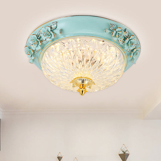 Retro Style Led Flush Ceiling Lamp In Blue For Dining Room - Bowl Up Design Clear Glass 11’/15’