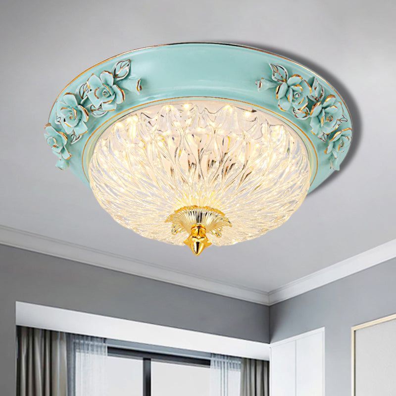 Retro Style Led Flush Ceiling Lamp In Blue For Dining Room - Bowl Up Design Clear Glass 11’/15’ W