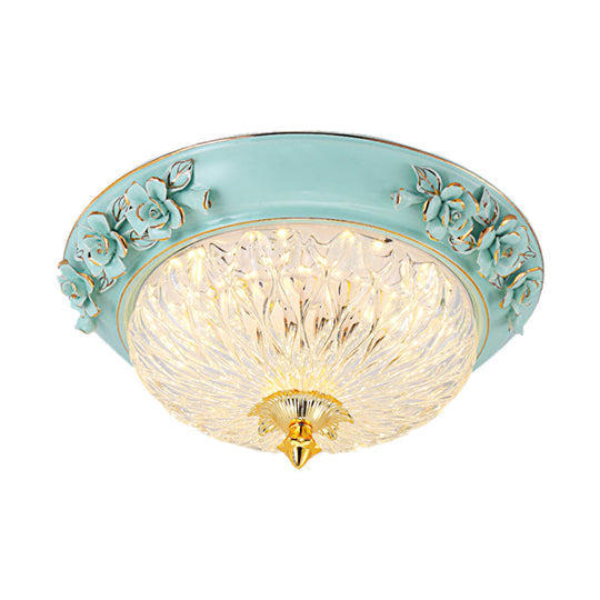 Retro Style Led Flush Ceiling Lamp In Blue For Dining Room - Bowl Up Design Clear Glass 11’/15’ W
