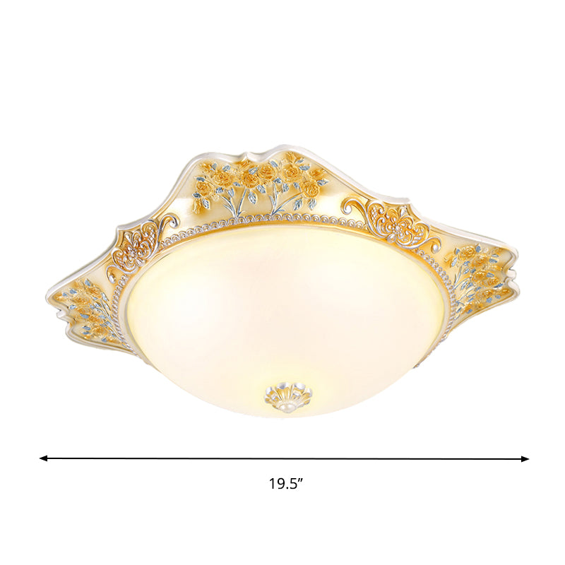 Vintage Yellow Opaline Glass Dome Flush Mount Light With Floral Accent Available In 3 Sizes: 12’