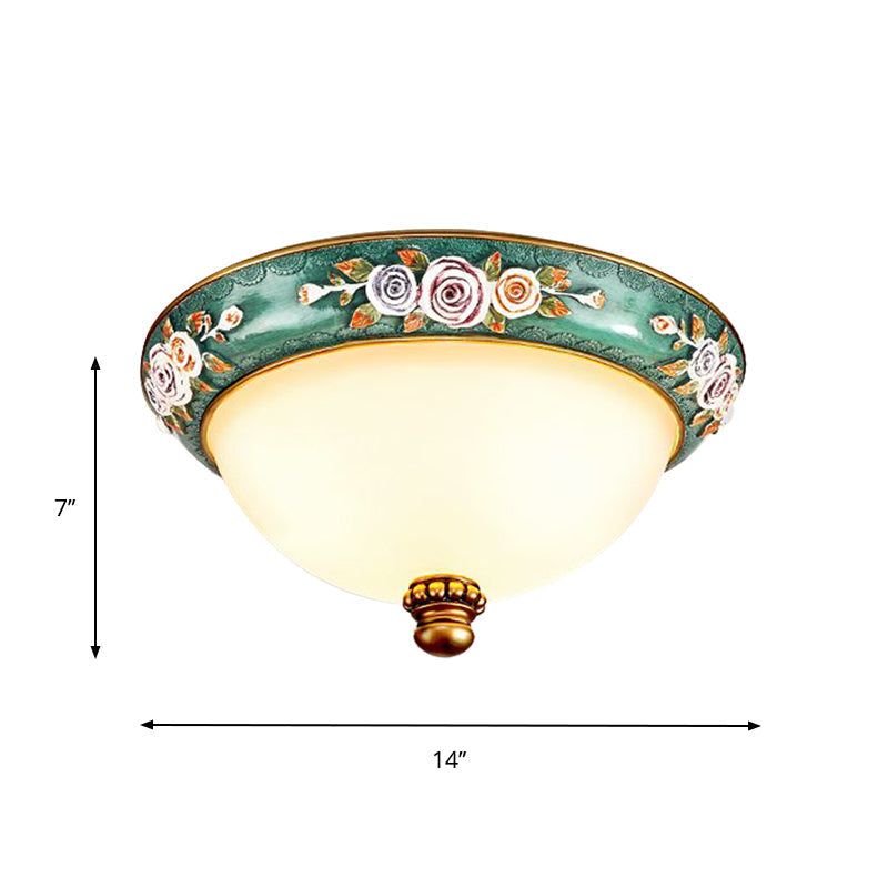 Retro Resin Flush Mount Light Fixture - Green Floral Design With Dome Shade 3 - Light Bedroom