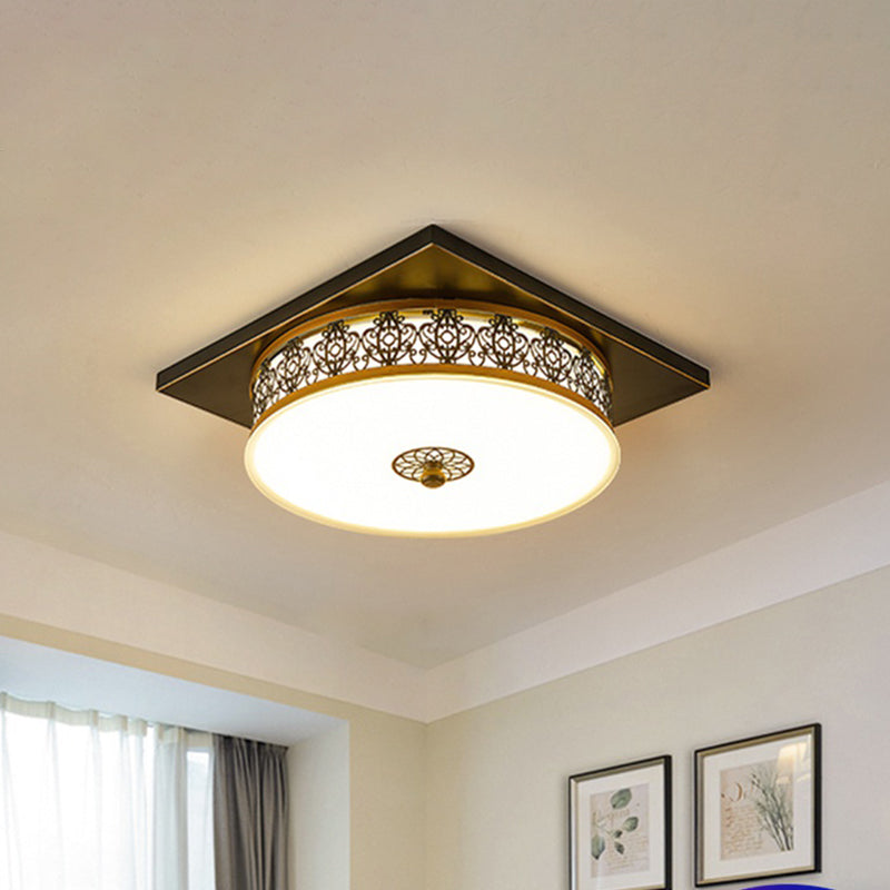 Opaline Glass Led Ceiling Light Fixture In Traditional Black Drum Design - 12’/16’/19.5