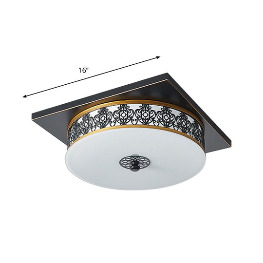 Opaline Glass Led Ceiling Light Fixture In Traditional Black Drum Design - 12’/16’/19.5