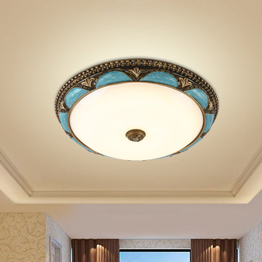 Antique-Style Blue Floral Ceiling Lamp - Cream Glass Led Bedroom Flush Mount / 13