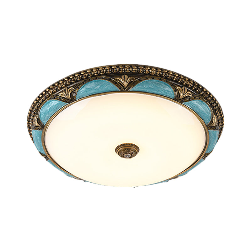 Antique - Style Blue Floral Ceiling Lamp - Cream Glass Led Bedroom Flush Mount
