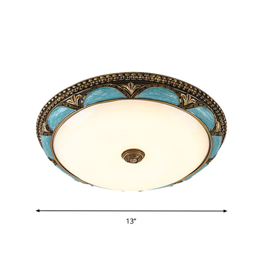Antique-Style Blue Floral Ceiling Lamp - Cream Glass Led Bedroom Flush Mount