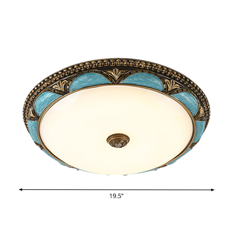 Antique-Style Blue Floral Ceiling Lamp - Cream Glass Led Bedroom Flush Mount