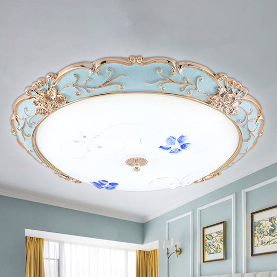 Vintage Led Flush Mount Light With Floral Shade And Opaque Glass - 13/16/19.5 Wide Blue Color