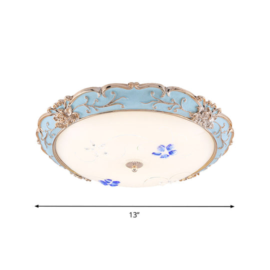 Vintage Led Flush Mount Light With Floral Shade And Opaque Glass - 13’/16’/19.5’ Wide Blue