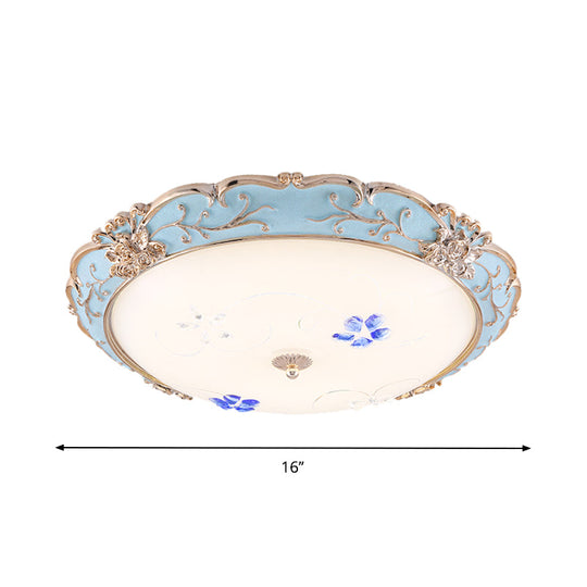 Vintage Led Flush Mount Light With Floral Shade And Opaque Glass - 13’/16’/19.5’ Wide Blue
