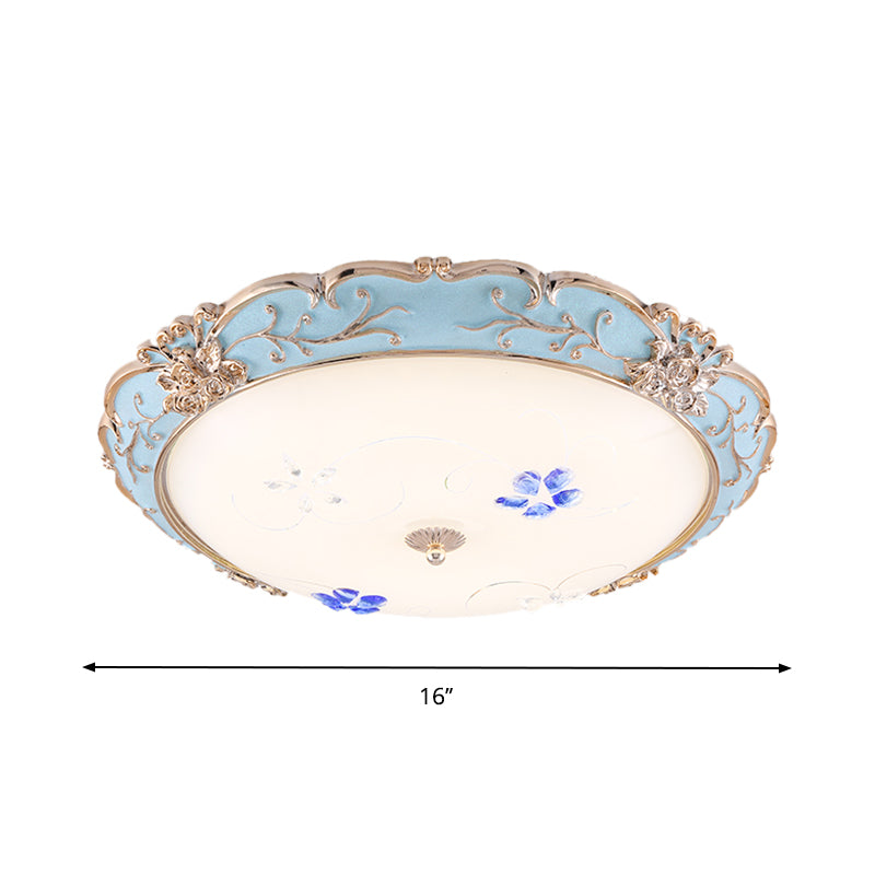 Vintage Led Flush Mount Light With Floral Shade And Opaque Glass - 13/16/19.5 Wide Blue Color