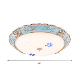 Vintage Led Flush Mount Light With Floral Shade And Opaque Glass - 13/16/19.5 Wide Blue Color