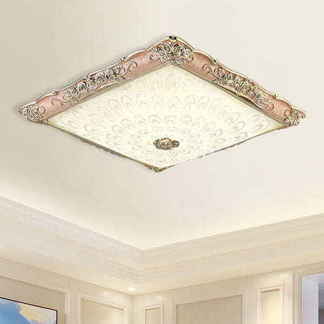 Antique Opaque Glass Led Square Flush Mount Light - Pink/Green Bedroom Ceiling Lamp Pink