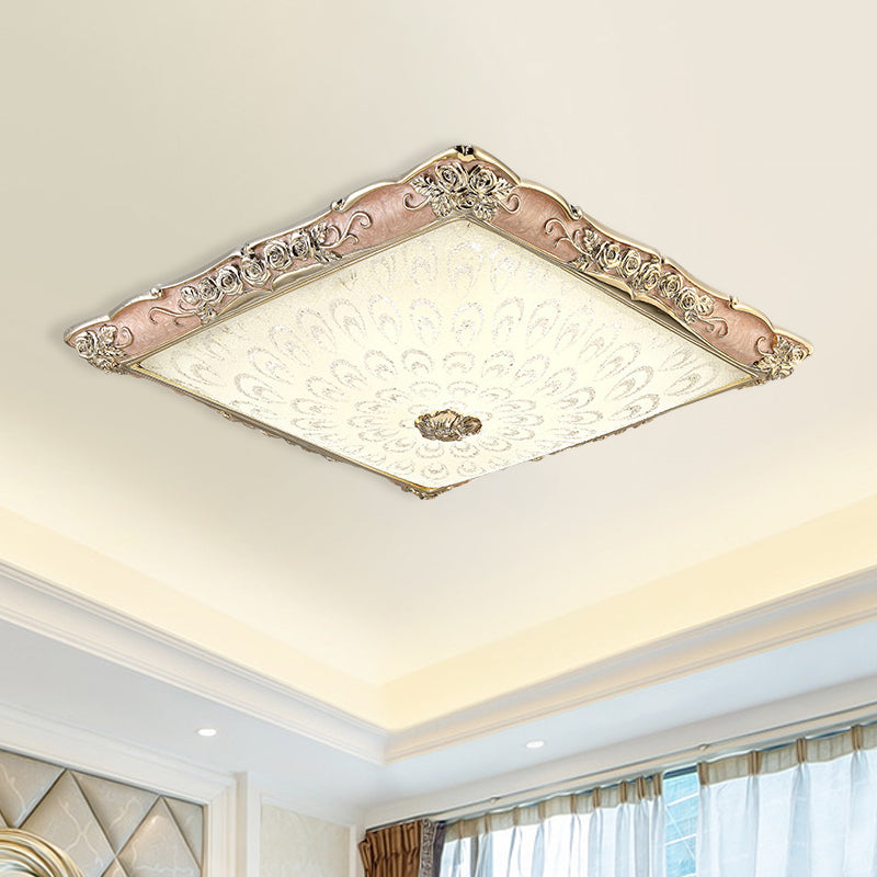 Antique Opaque Glass Led Square Flush Mount Light - Pink/Green Bedroom Ceiling Lamp