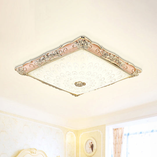 Antique Opaque Glass Led Square Flush Mount Light - Pink/Green Bedroom Ceiling Lamp