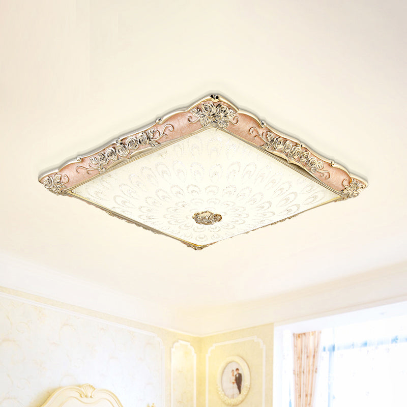 Antique Opaque Glass Led Square Flush Mount Light - Pink/Green Bedroom Ceiling Lamp