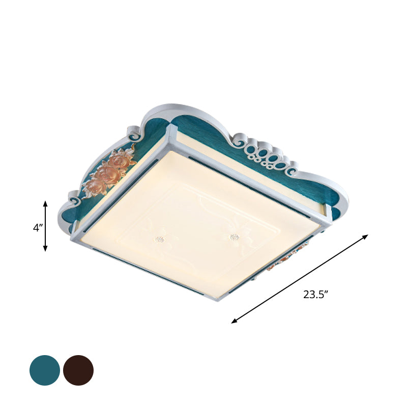 Led Acrylic Square Design Traditional Style Flush Mount Bedroom Ceiling Light With Carved Flower -