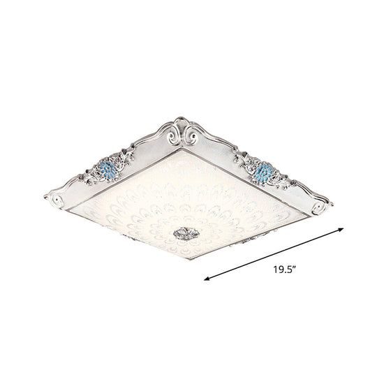 Retro Style Square Flushmount Led Ceiling Light With Cream Glass And Blue Glow For Bedrooms
