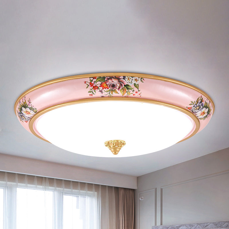 Pink Led Farmhouse Flush Ceiling Light With White Glass Bowl Shade - Warm/White Option For Bedroom