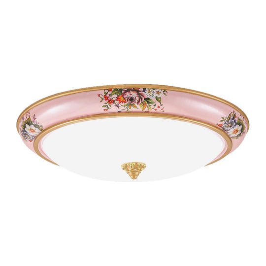 Pink Led Farmhouse Flush Ceiling Light With White Glass Bowl Shade - Warm/White Option For Bedroom