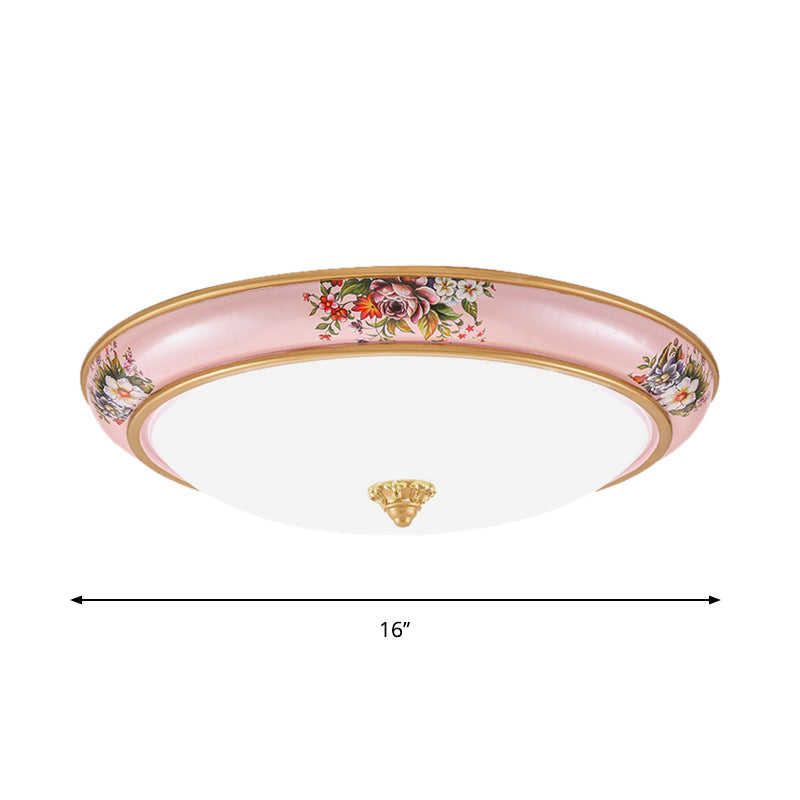 Pink Led Farmhouse Flush Ceiling Light With White Glass Bowl Shade - Warm/White Option For Bedroom