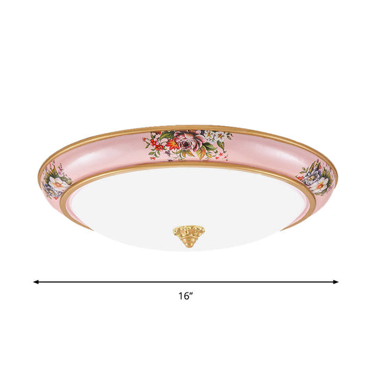 Pink Led Farmhouse Flush Ceiling Light With White Glass Bowl Shade - Warm/White Option For Bedroom