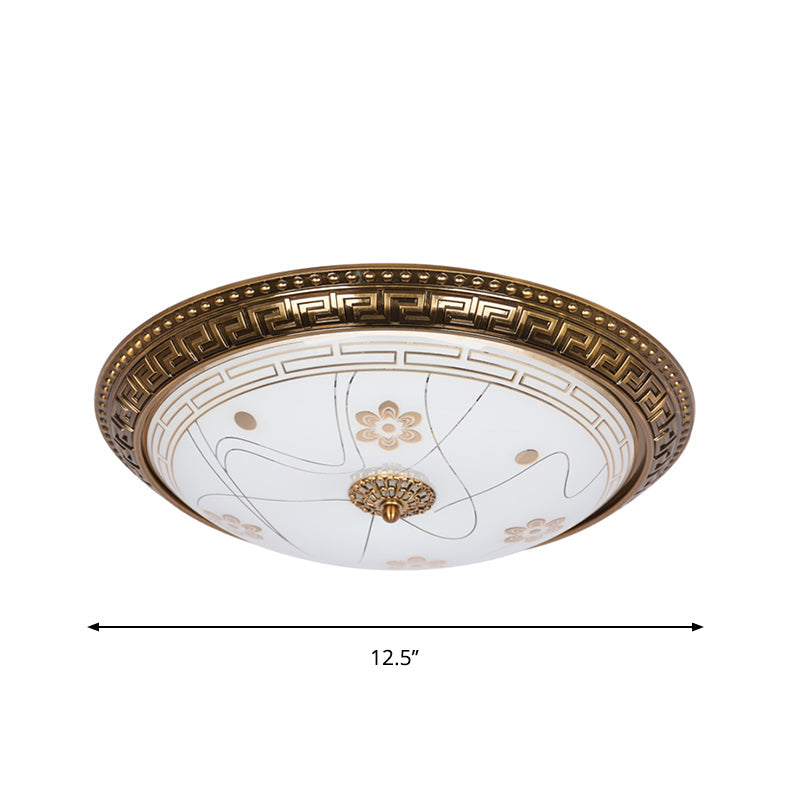 Antiqued Bowl Shade Glass Flush Mount Lamp In Gold With Led 12.5’/15’/19’ Width And Warm/White Light