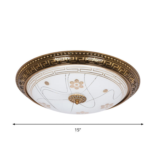 Antiqued Bowl Shade Glass Flush Mount Lamp In Gold With Led 12.5/15/19 Width And Warm/White Light