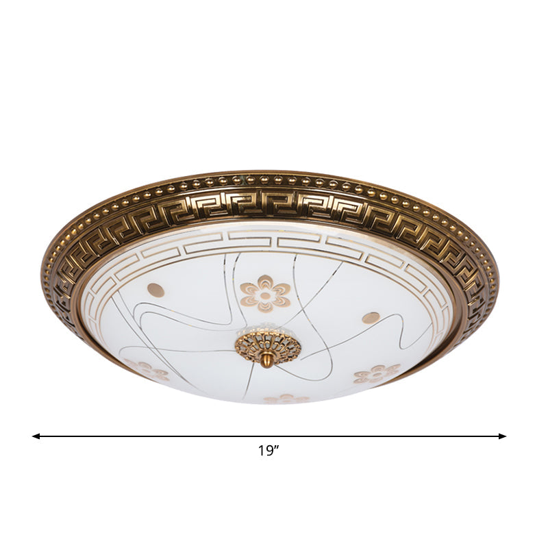 Antiqued Bowl Shade Glass Flush Mount Lamp In Gold With Led 12.5/15/19 Width And Warm/White Light