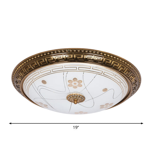 Antiqued Bowl Shade Glass Flush Mount Lamp In Gold With Led 12.5/15/19 Width And Warm/White Light