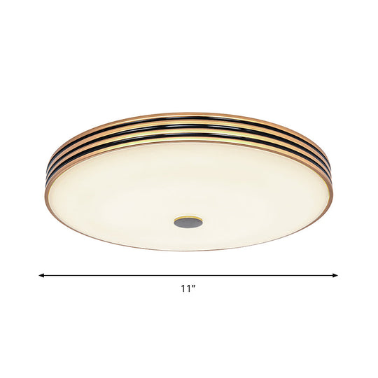 Gold Flush Traditional Led Bedroom Lamp - Cream Glass Drum Ceiling