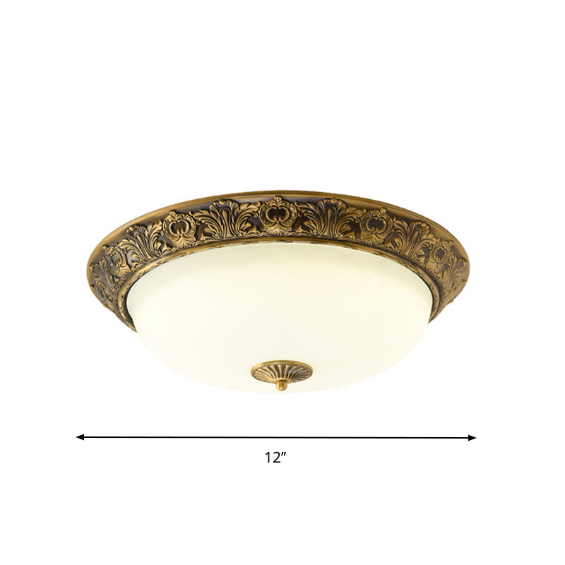 Traditional Brass Flushmount Lamp With Frosted Glass - Led Bedroom Flush Light (12/16/19.5 Wide)