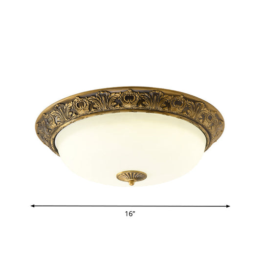Traditional Brass Flushmount Lamp With Frosted Glass - Led Bedroom Flush Light (12’/16’/19.5’ Wide)
