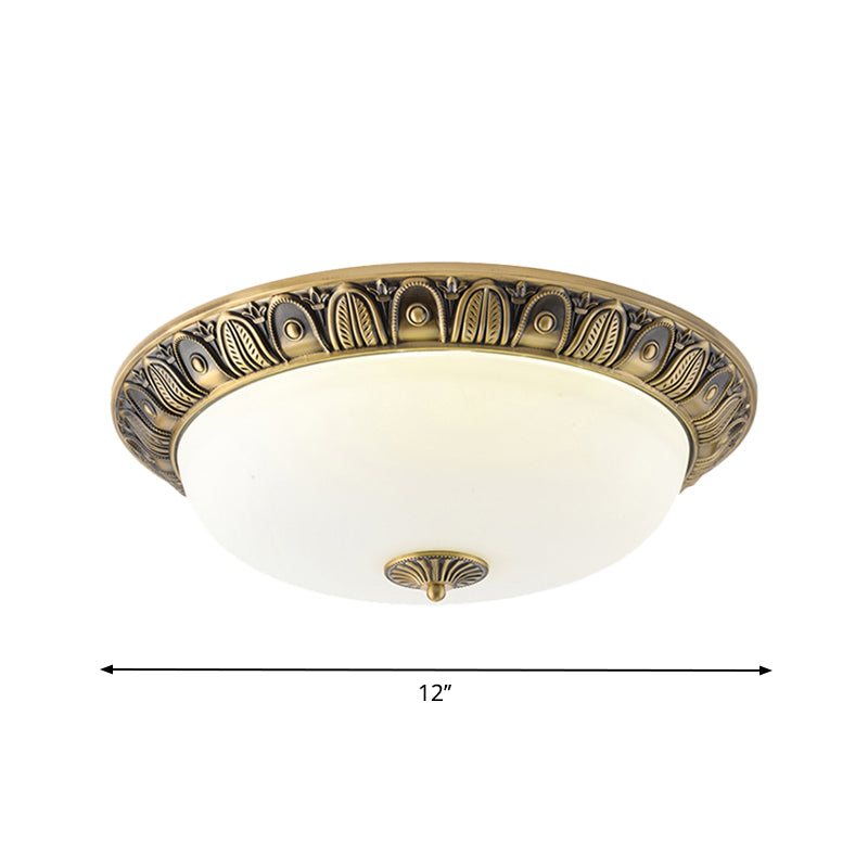 Led Dome Ceiling Lamp Fixture - Wide Antiqued Brass Finish With Opal Glass Flushmount Lighting