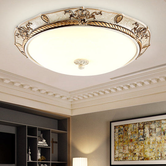 16/19.5 W Vintage Led Ceiling Mount Light Fixture With Milky Glass Dome Shade (White/Gold) For