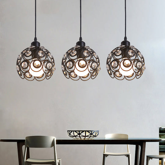 Modern Crystal Dome Metal Cage Pendant Lamp With White/Black Hanging Lights - Round/Linear Canopy