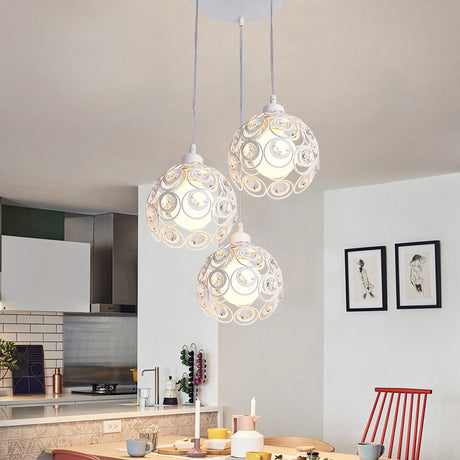 Modern Crystal Dome Metal Cage Pendant Lamp With White/Black Hanging Lights - Round/Linear Canopy