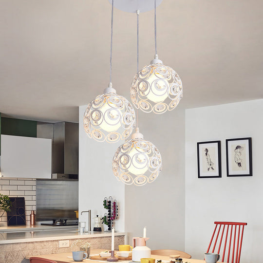 Modern Crystal Dome Metal Cage Pendant Lamp With White/Black Hanging Lights - Round/Linear Canopy