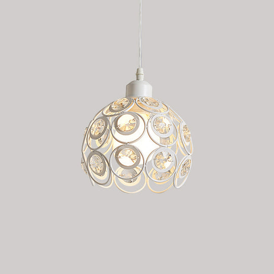 Modern Crystal Dome Metal Cage Pendant Lamp With White/Black Hanging Lights - Round/Linear Canopy