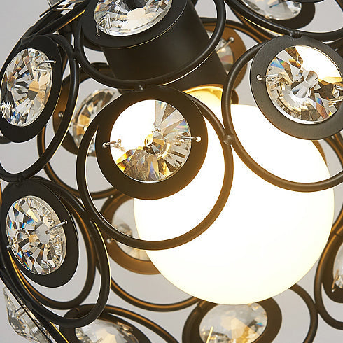 Modern Crystal Dome Pendant Lamp With Metal Cage Design - 1/3 Lights White/Black Round/Linear Canopy