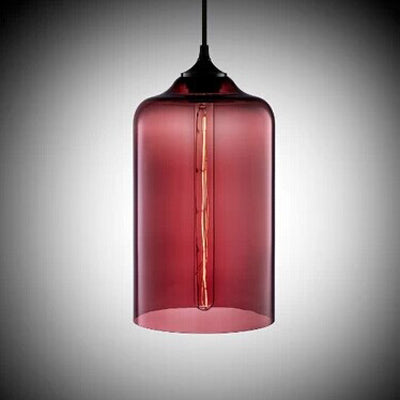 Modern Glass Cylinder Pendant Light - 1 Red/Blue/Clear Hanging Fixture Rose Red