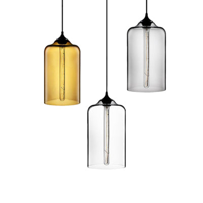 Modern Glass Cylinder Pendant Light - 1 Red/Blue/Clear Hanging Fixture