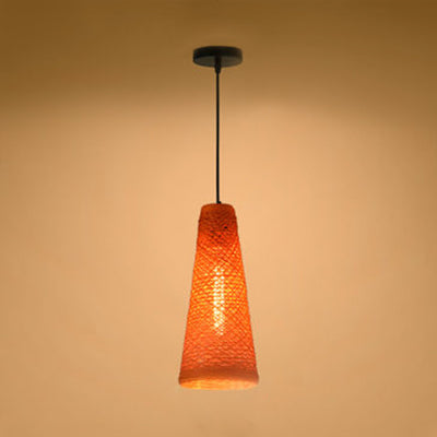 Contemporary Rattan Pendant Lamp | Handmade 1-Light Hanging Blue/Brown Cone Shade Orange