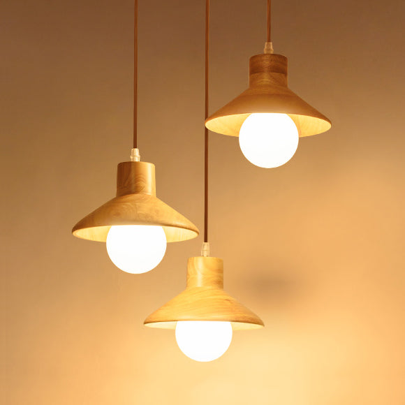 Modern Wooden Pendant Light In Beige For Kid Room - Coolie Shade Hanging With Linear/Round Canopy