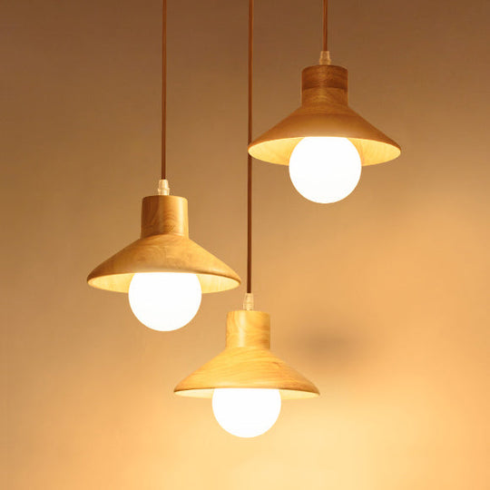 Modern Wooden Pendant Light In Beige For Kid Room - Coolie Shade Hanging With Linear/Round Canopy