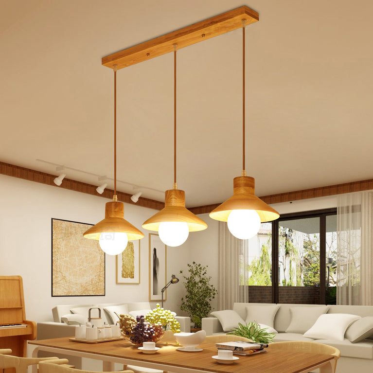 Modern Wooden Pendant Light In Beige For Kid’s Room - Coolie Shade Hanging With Linear/Round Canopy