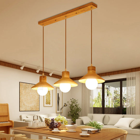 Modern Wooden Pendant Light In Beige For Kid Room - Coolie Shade Hanging With Linear/Round Canopy